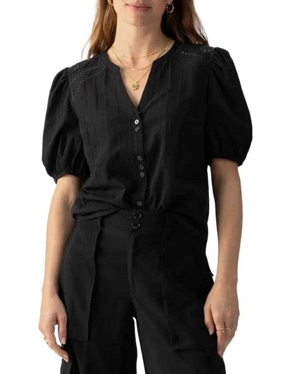 Sanctuary Women Black Cotton Lift Me Up Short Sleeve Button-Up Top Size S